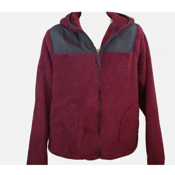 SO Women’s XS Sherpa Zip-Up Jacket – Maroon Fuzzy Hooded Coat with Pockets - Picture 2 of 8